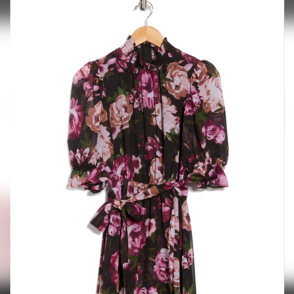 Eliza J Black and Purple Floral Long Sleeve Dress Size 4 - Picture 3 of 10